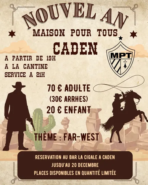 Affiche du Nouvel An de la Maison Pour Tous, thème far-west, 31 décembre 2025